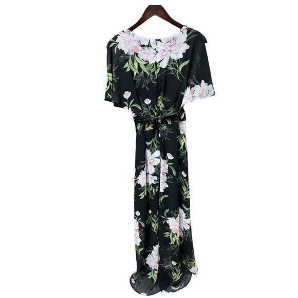 Floral Boho‎ Maxi Dress Womens Size 8 Black Pink Green Belted V Neck Long - Picture 4 of 8